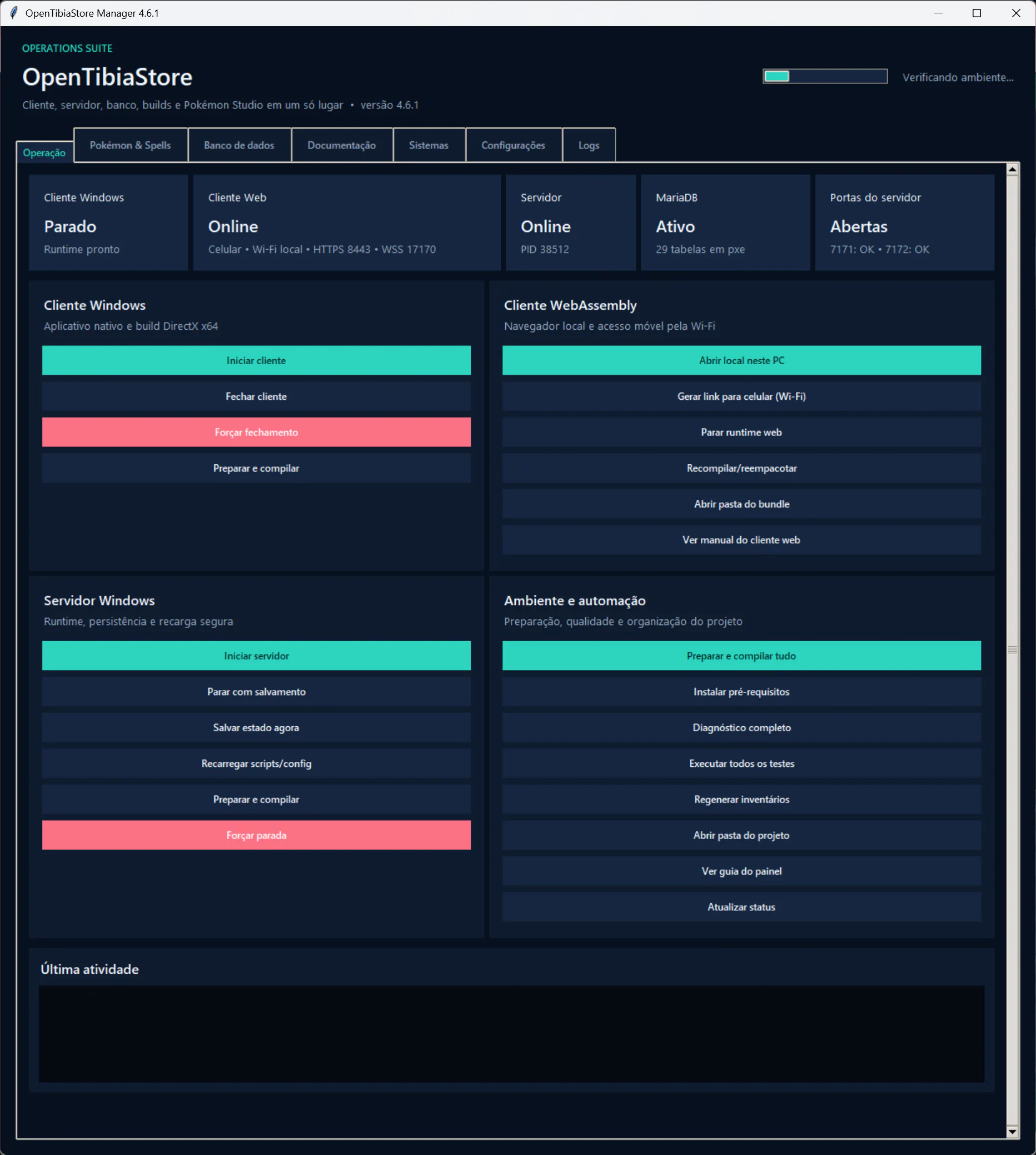 Painel de gerenciamento OpenTibiaStore com operações do client e servidor